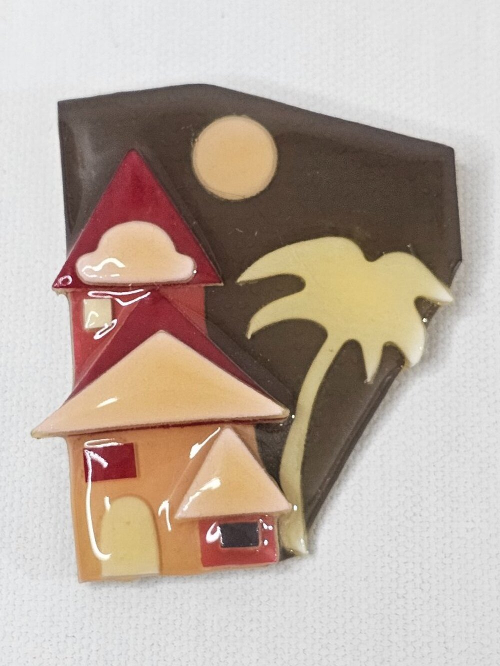 Lucinda House Pins Tropical House Palm Tree Scene Brown Red Brooch